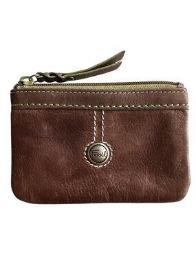 Fossil Brown Leather Coin Purse with Green Trim & Zipper Pull Mini Wallet